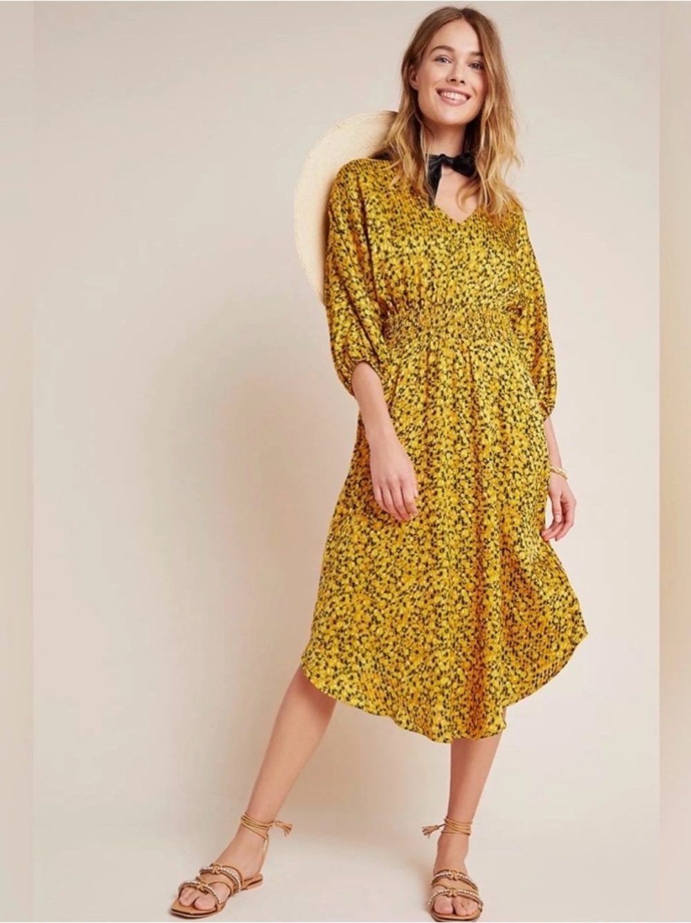 Anthropologie Marigold Yellow black Floral Smocked Midi Dress Size Medium M EUC